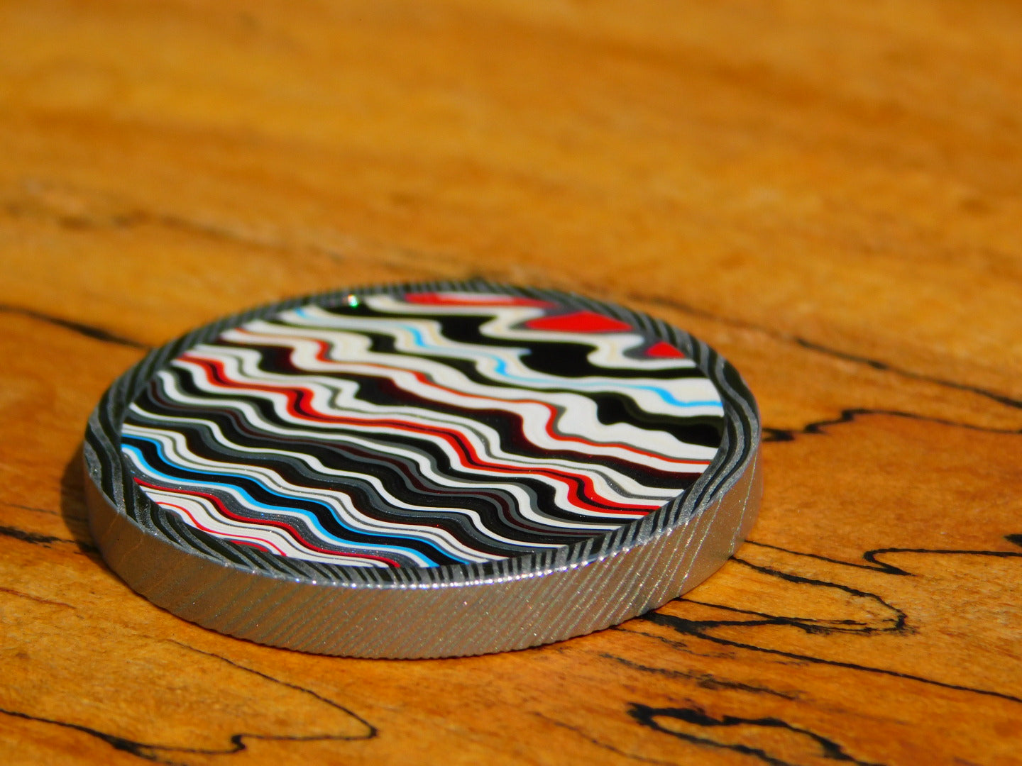 Stainless Damascus x Fordite Coin