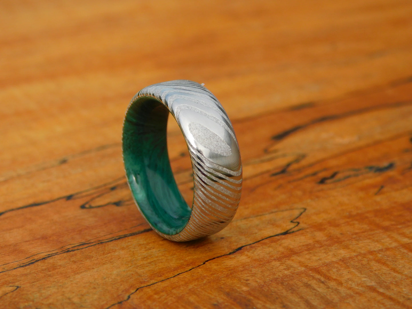 Stainless Damascus x Green Gem Juma Ring