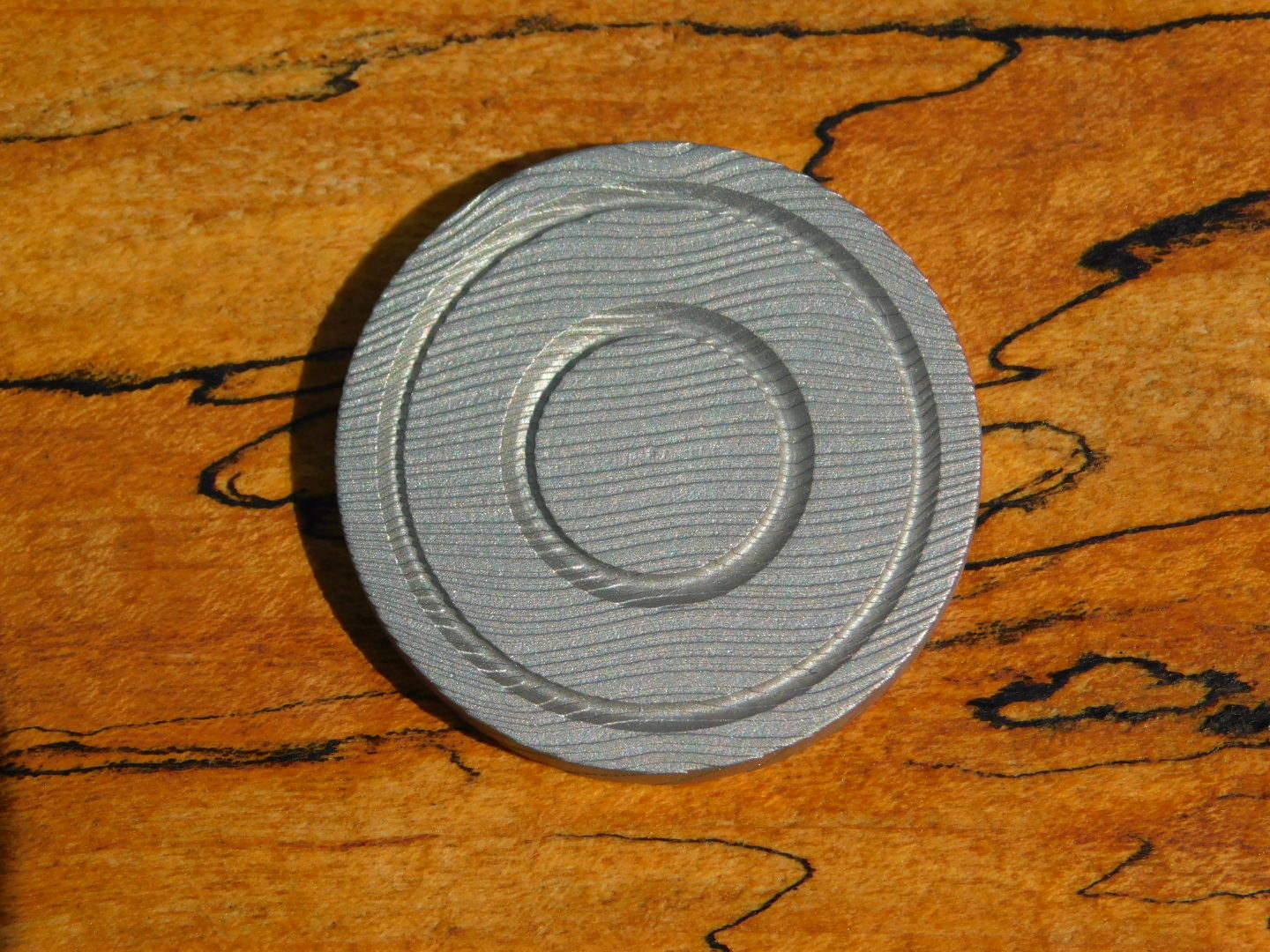 Stainless Damascus x Fordite Coin