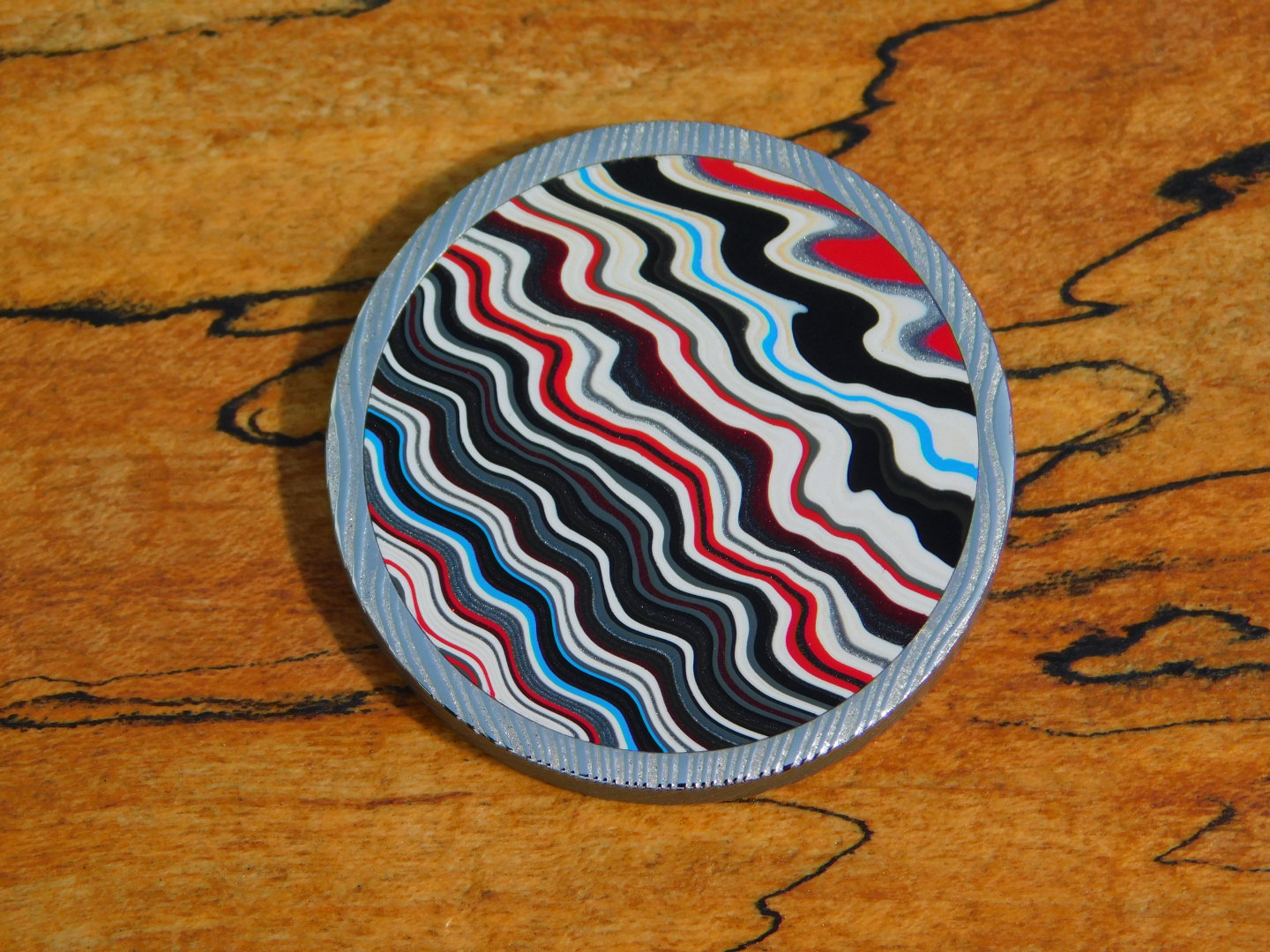 Stainless Damascus x Fordite Coin