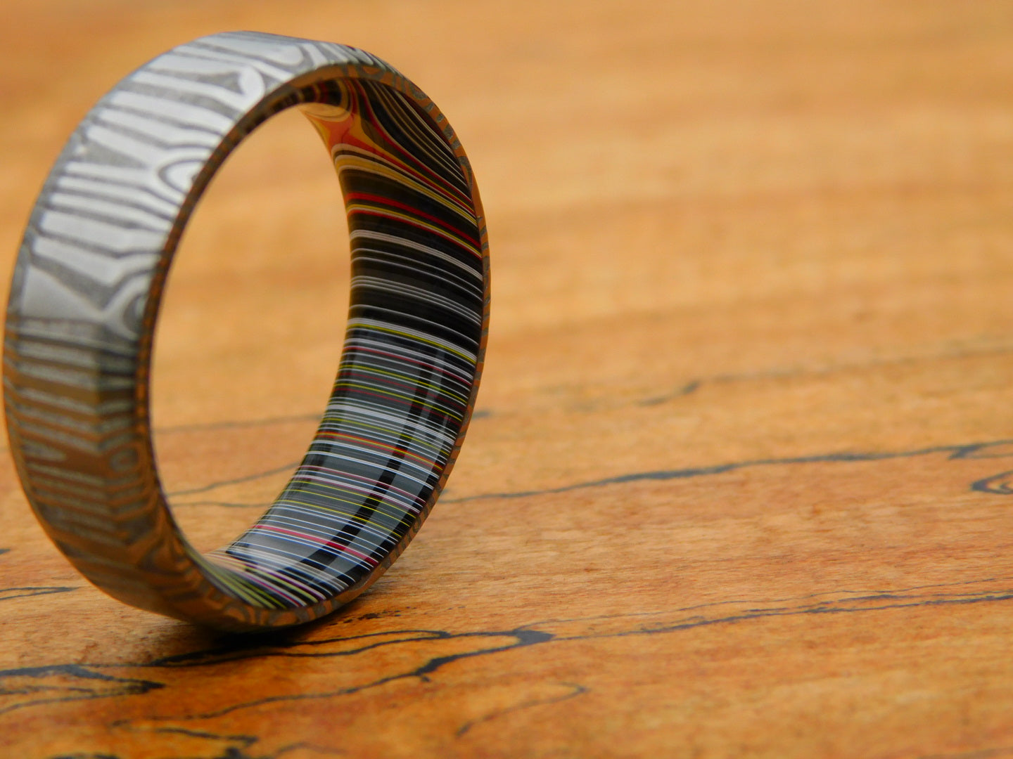 Fenja Stainless Damascus x Crosscut Fordite Ring