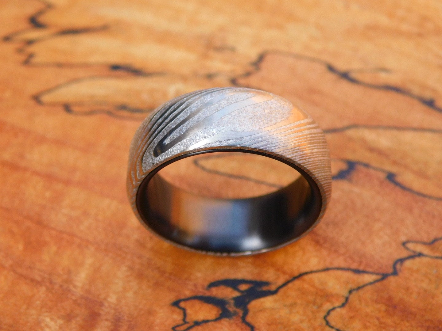 Stainless Damascus x Black Zirconium Ring