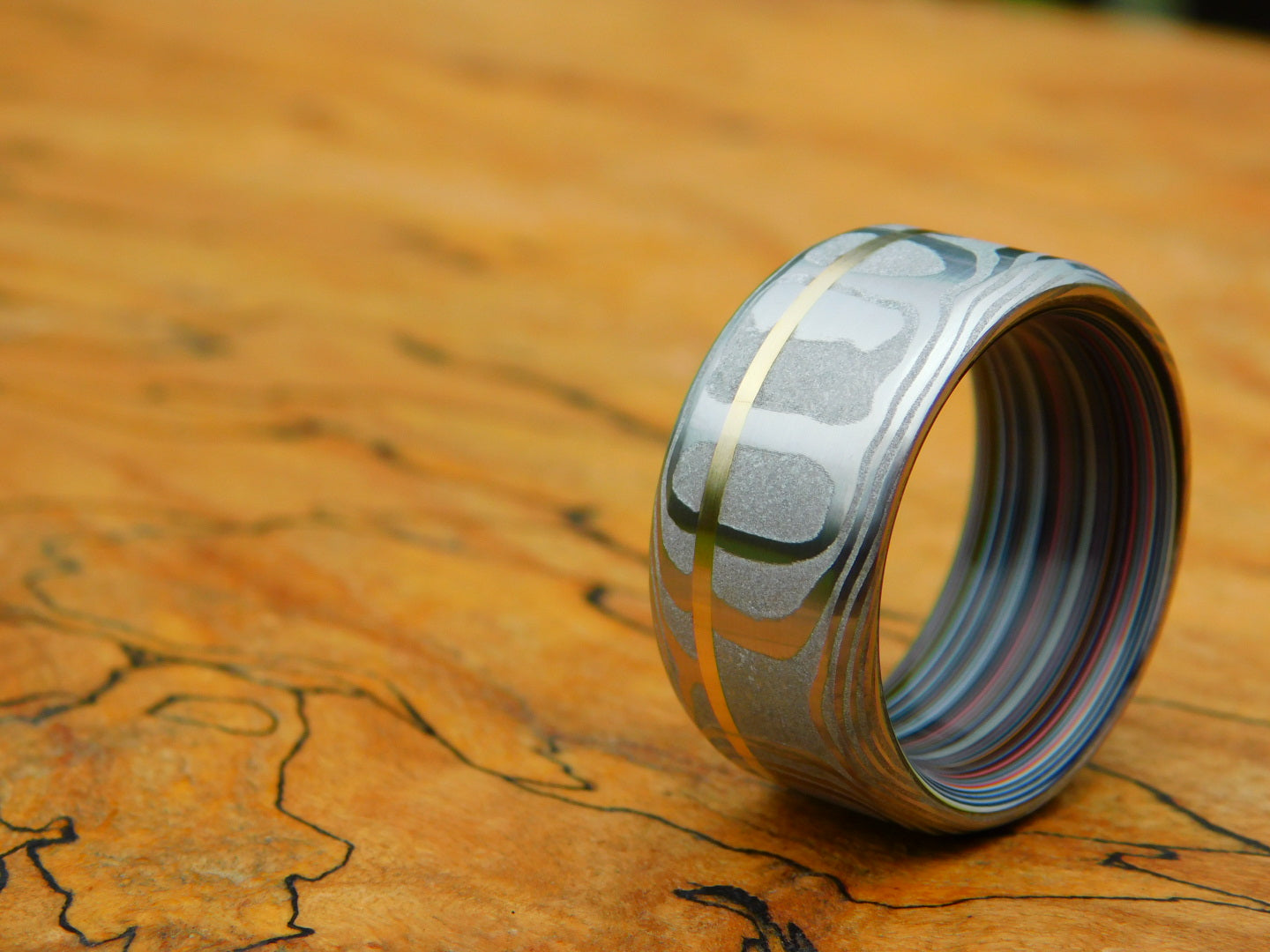 Lucia Damasteel x 14k Yellow Gold x Fordite Ring - Size 10.5
