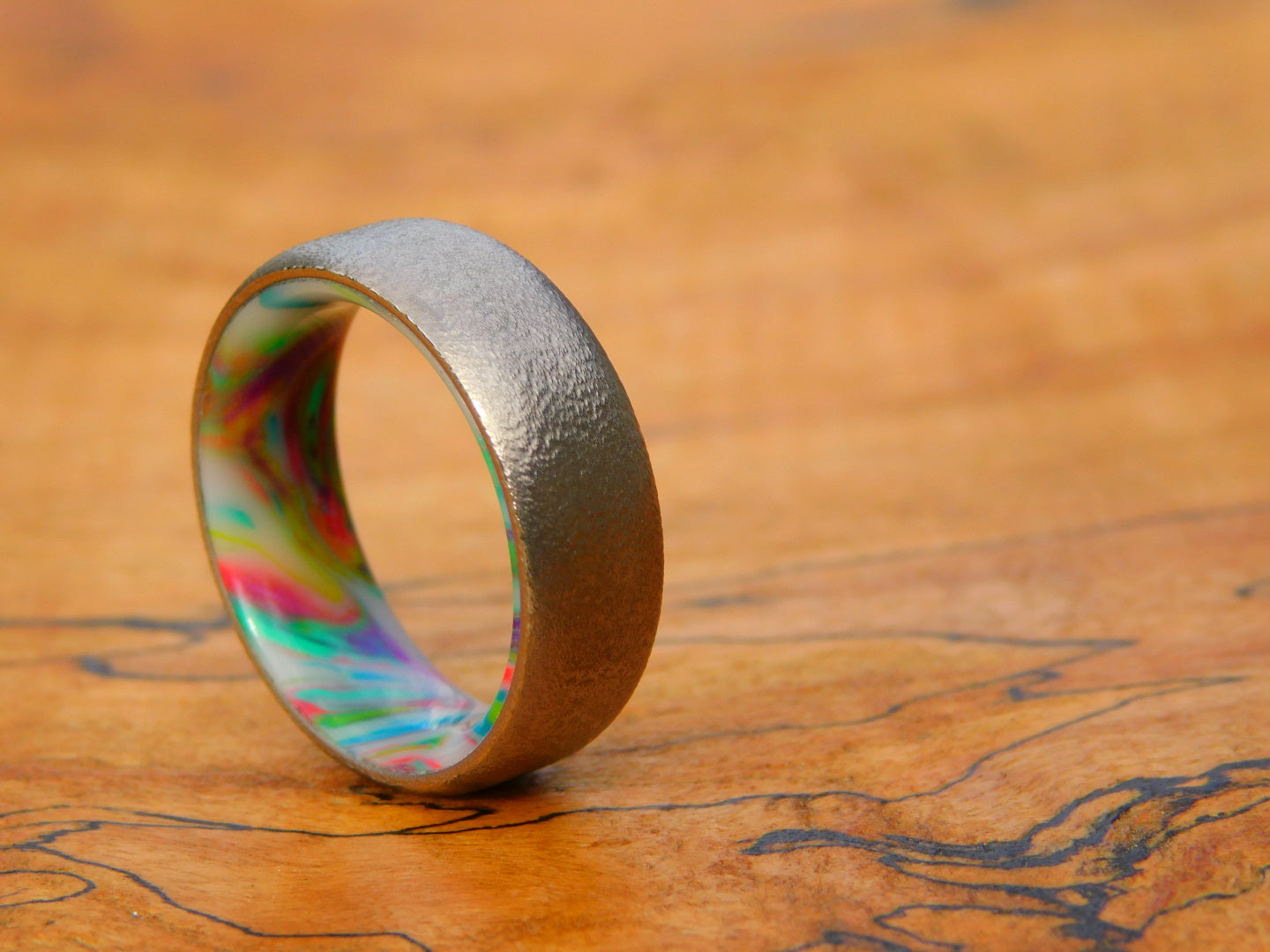 Brushed Titanium x Neon Pastel Resin Ring - Size 7.5