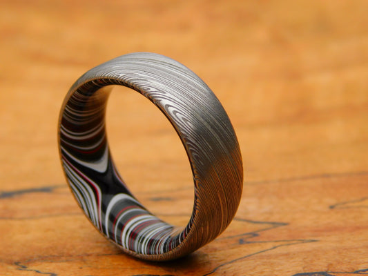 Heimskringla Stainless Damascus x Crosscut Fordite Ring