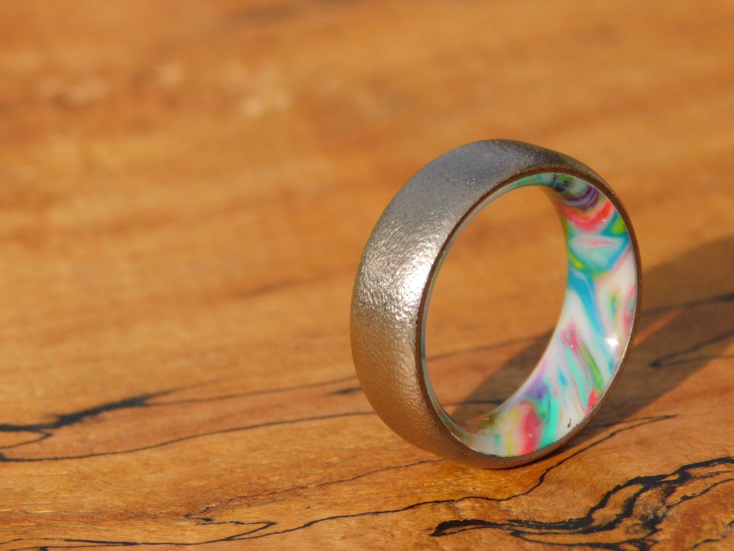 Brushed Titanium x Neon Pastel Resin Ring - Size 7.5