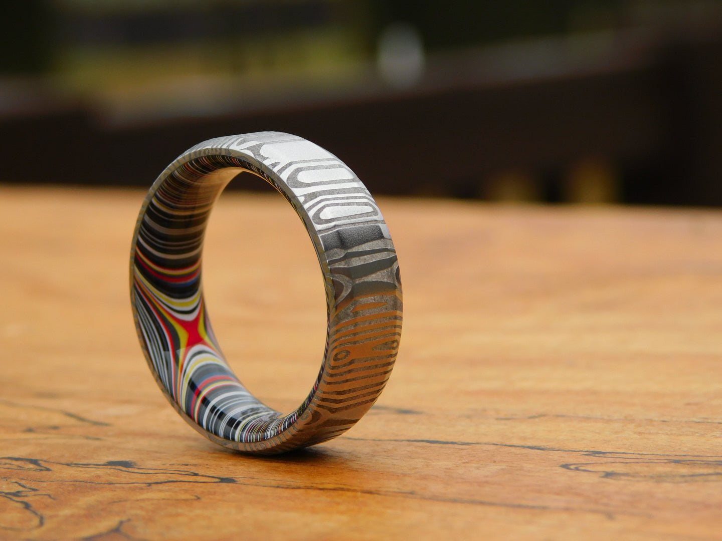 Fenja Stainless Damascus x Crosscut Fordite Ring