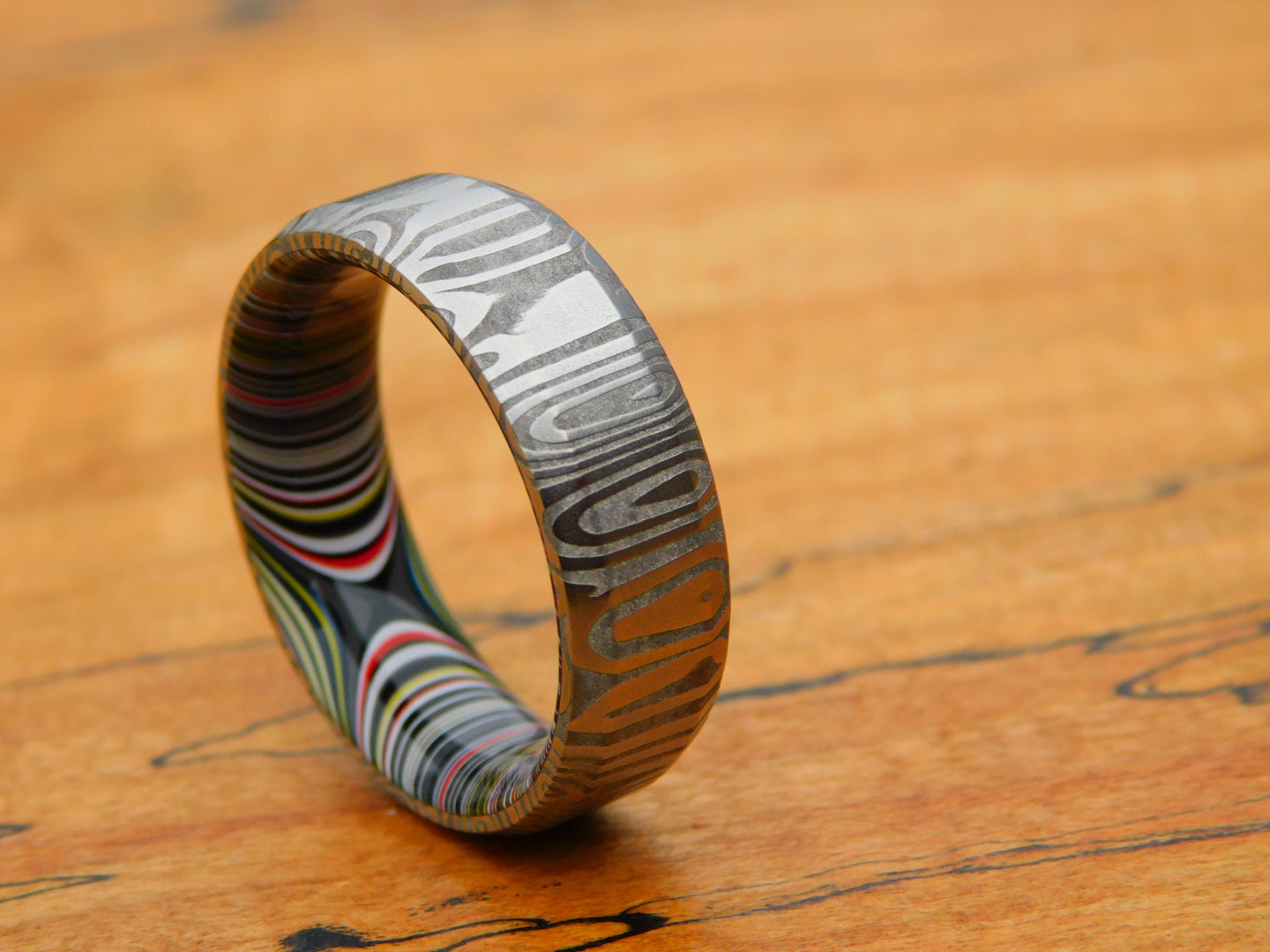 Fenja Stainless Damascus x Crosscut Fordite Ring