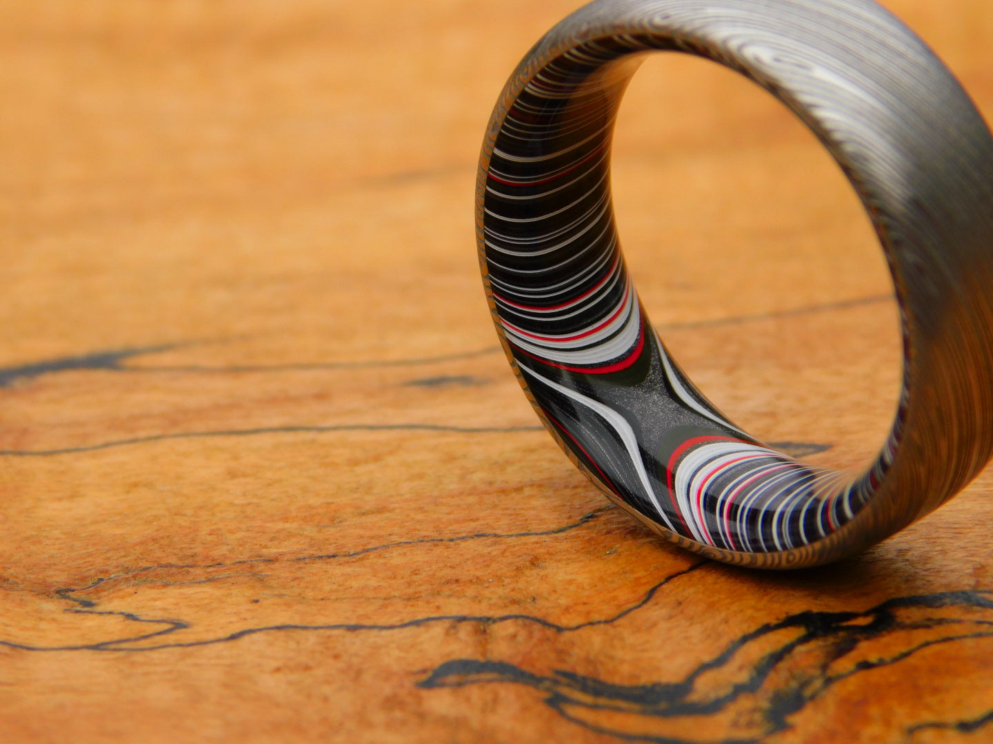 Heimskringla Stainless Damascus x Crosscut Fordite Ring