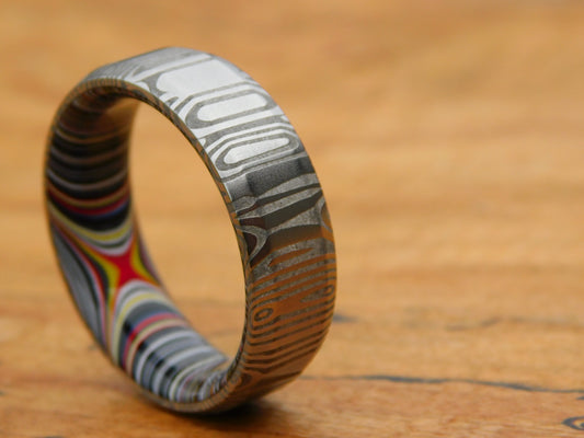 Fenja Stainless Damascus x Crosscut Fordite Ring