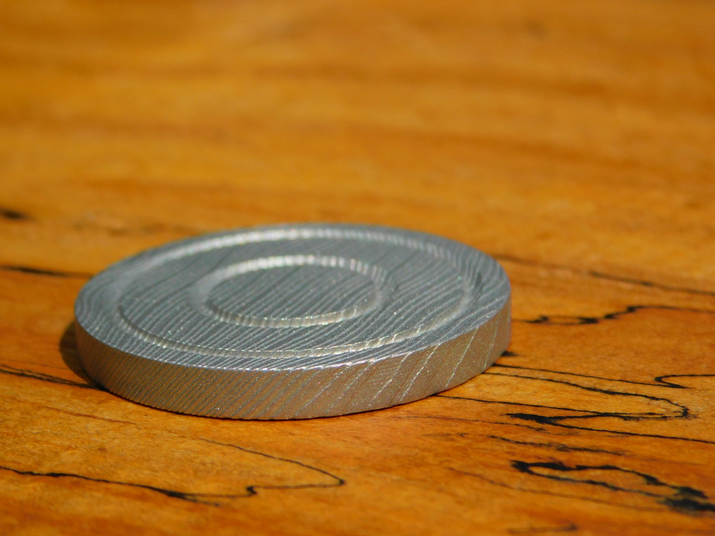Stainless Damascus x Fordite Coin