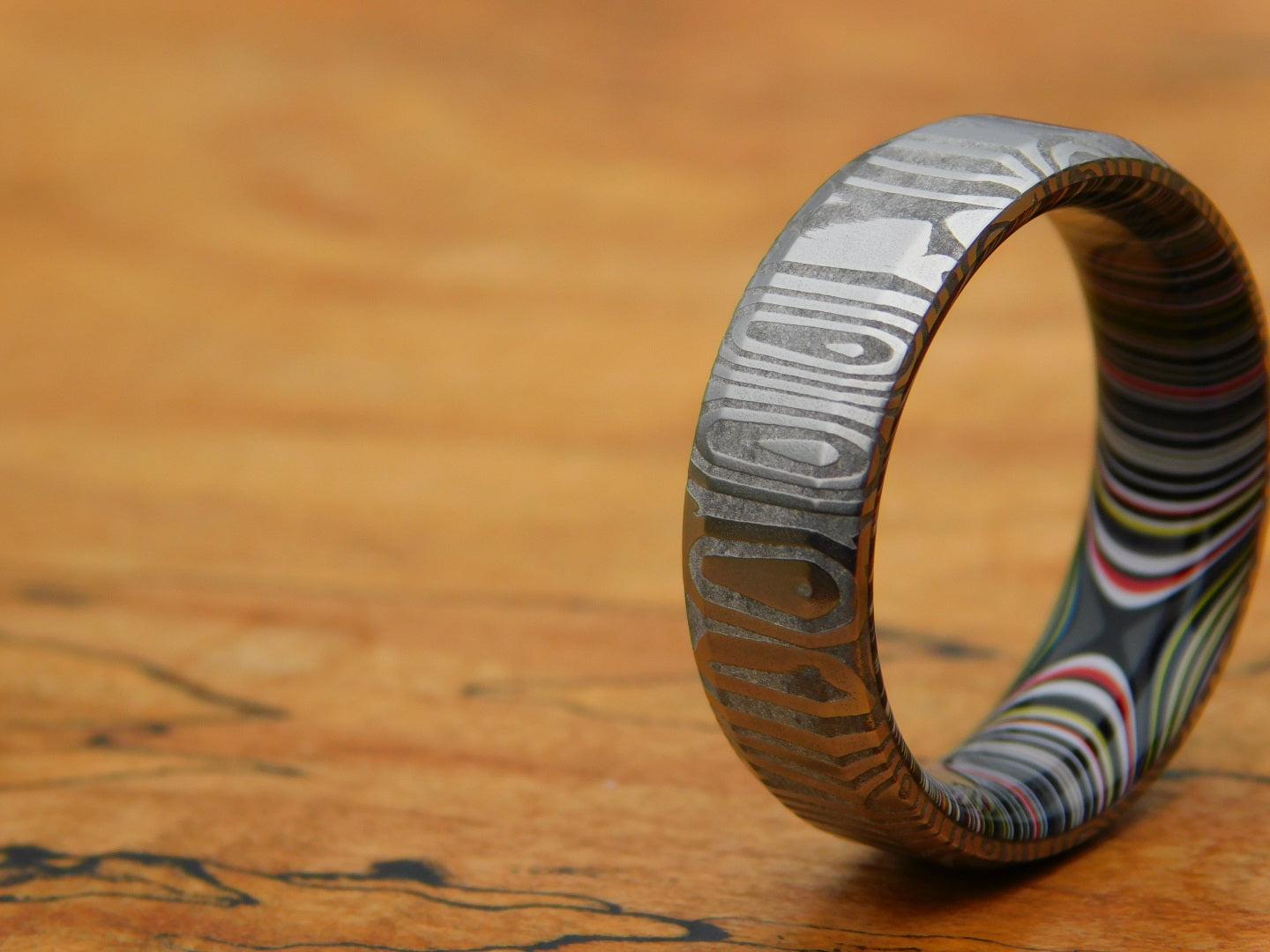 Fenja Stainless Damascus x Crosscut Fordite Ring