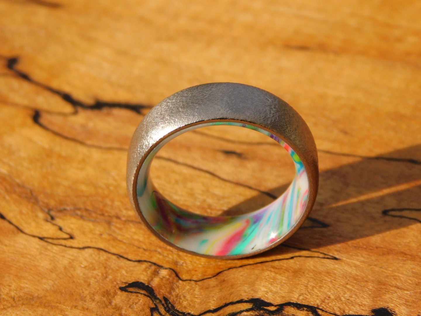 Brushed Titanium x Neon Pastel Resin Ring - Size 7.5