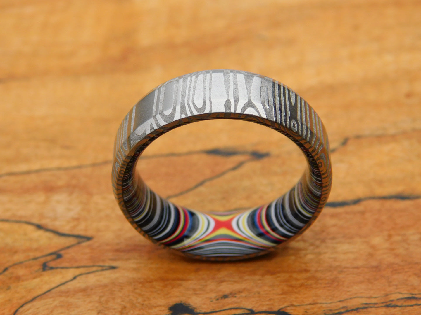 Fenja Stainless Damascus x Crosscut Fordite Ring