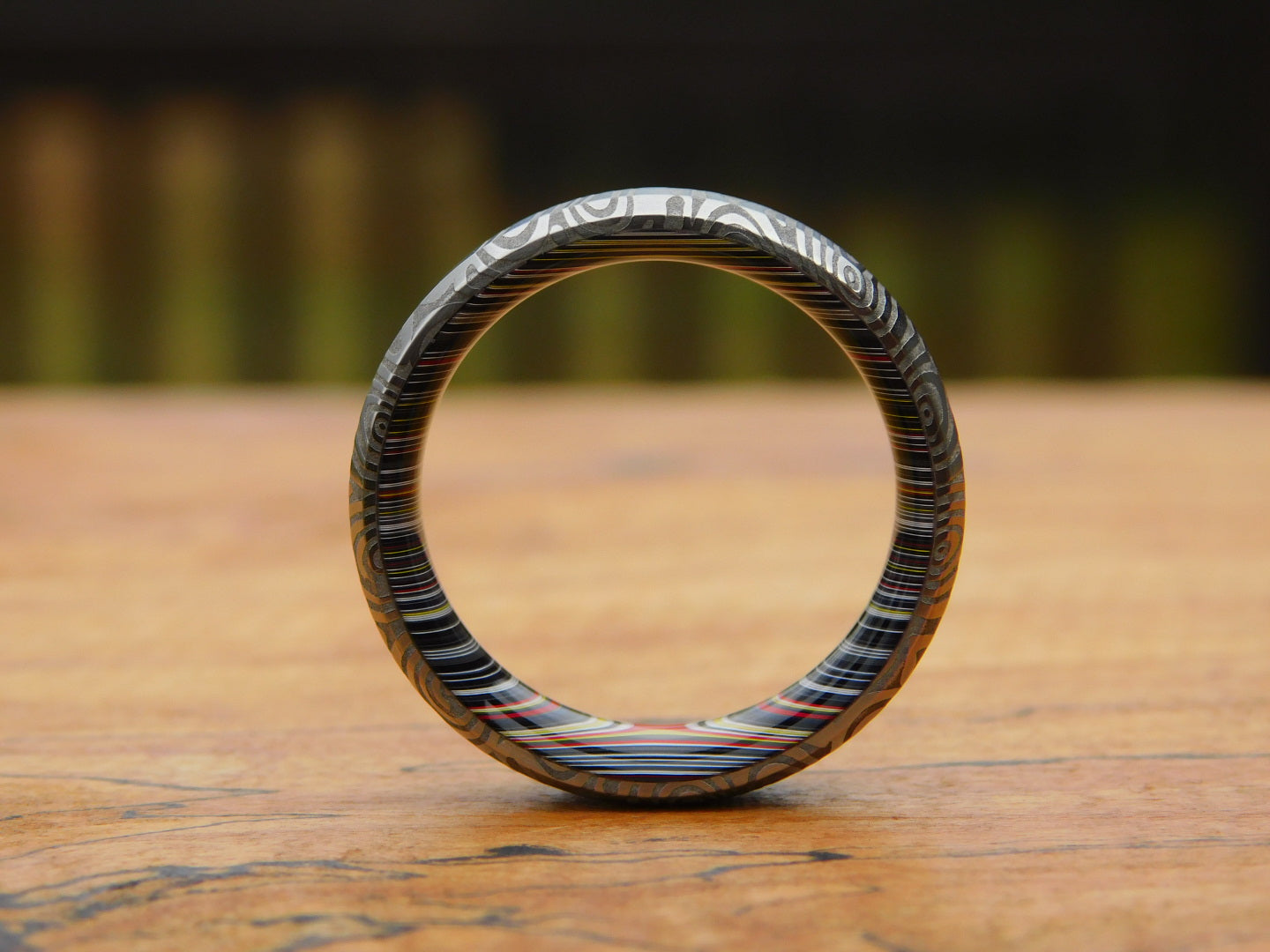 Fenja Stainless Damascus x Crosscut Fordite Ring