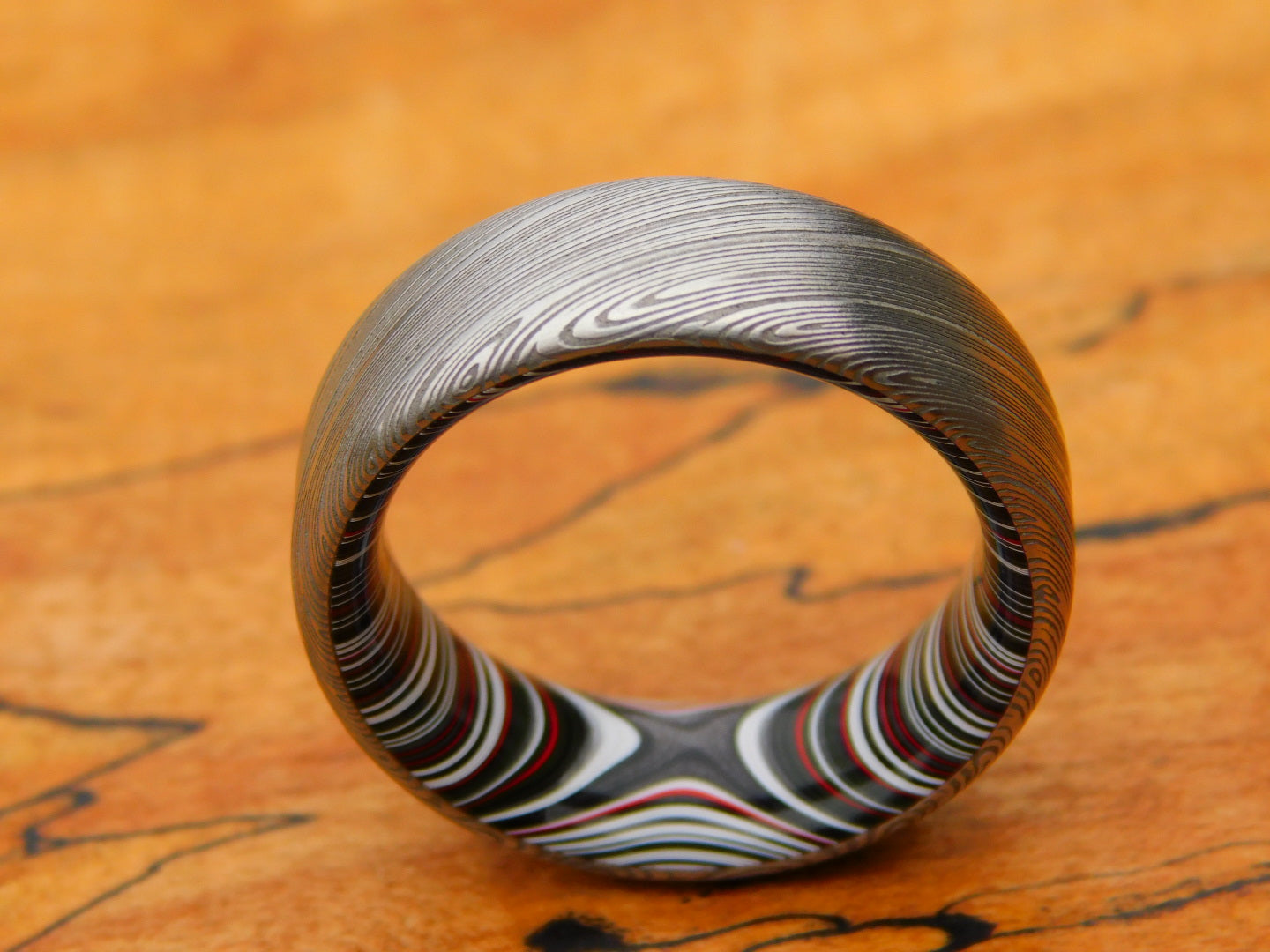 Heimskringla Stainless Damascus x Crosscut Fordite Ring