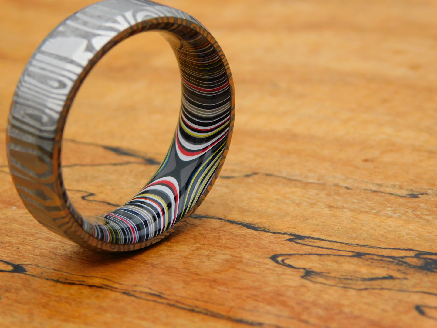 Fenja Stainless Damascus x Crosscut Fordite Ring