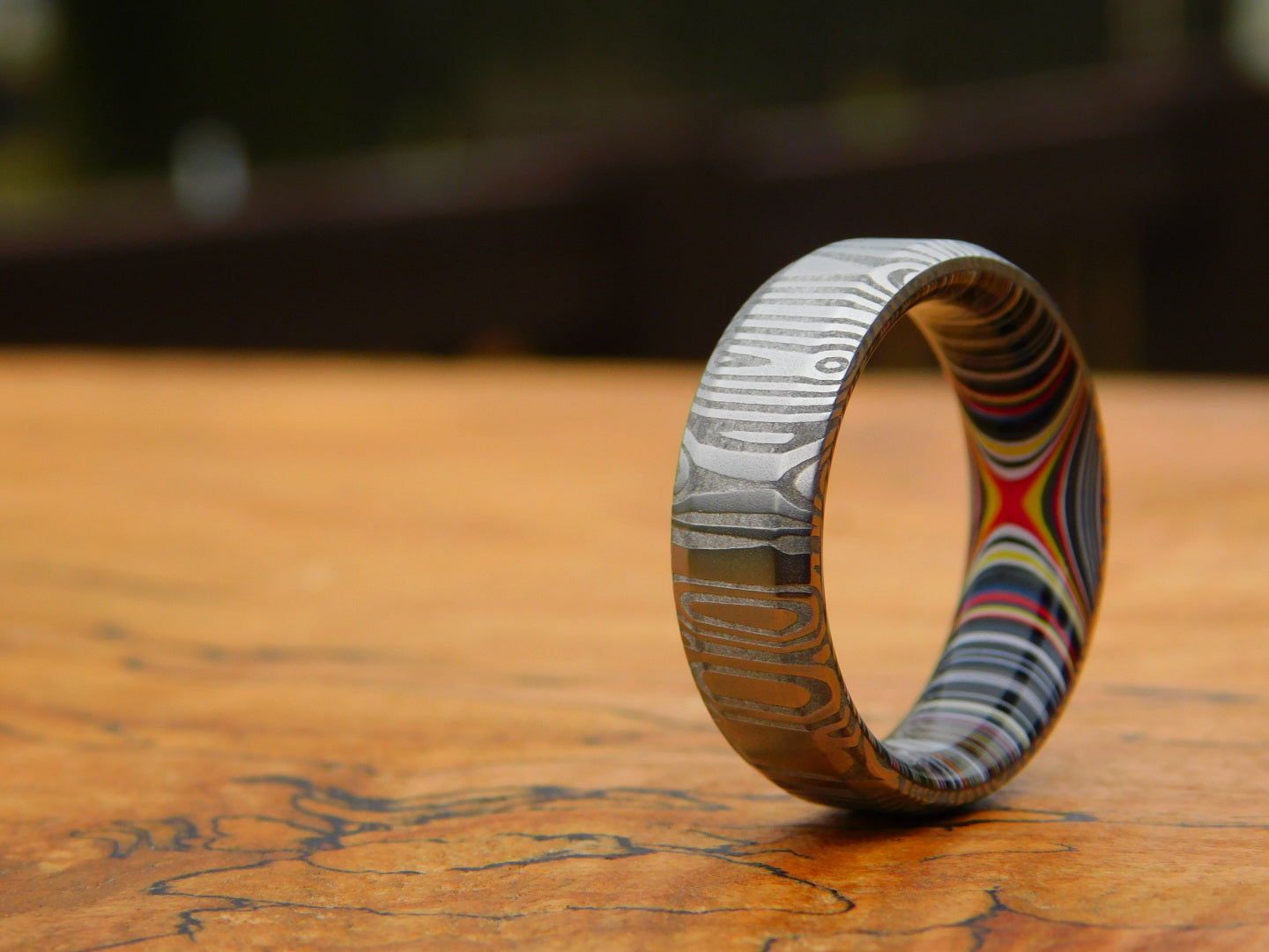 Fenja Stainless Damascus x Crosscut Fordite Ring