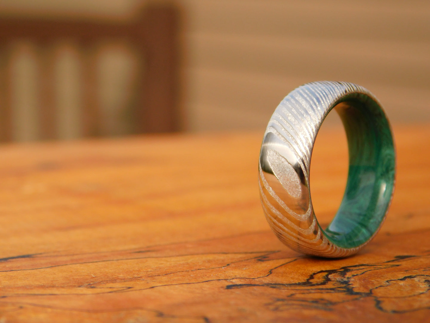 Stainless Damascus x Green Gem Juma Ring