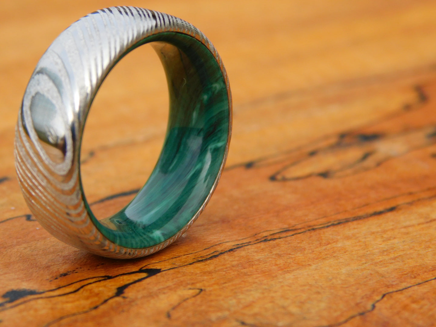 Stainless Damascus x Green Gem Juma Ring