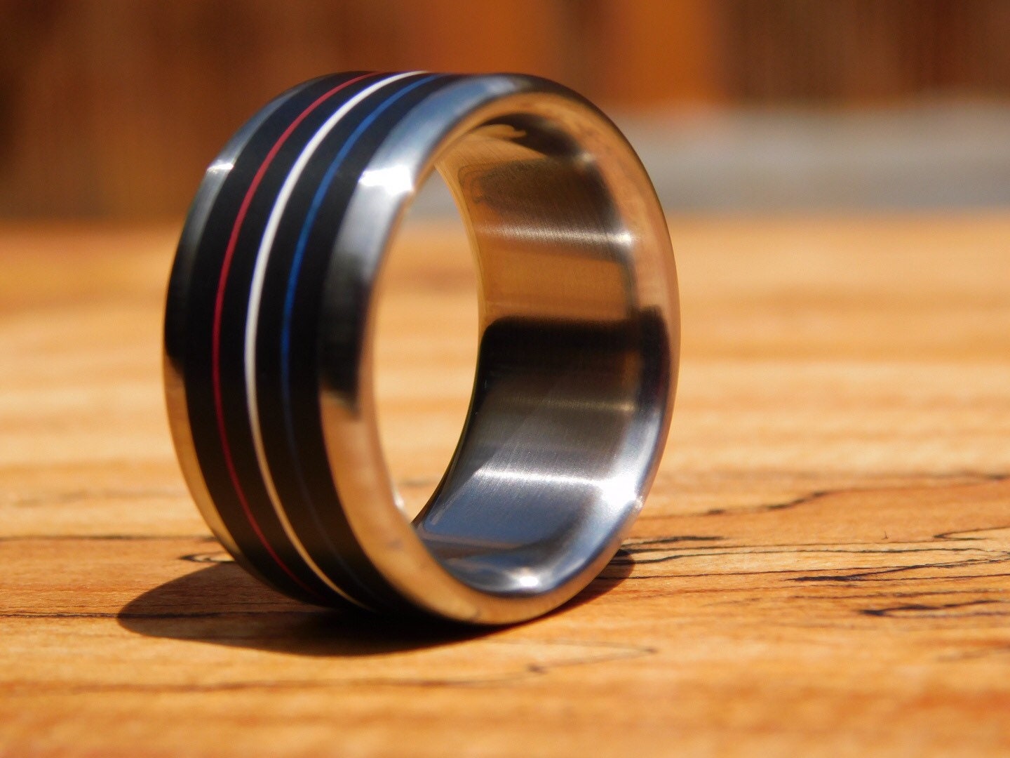 Red, White & Blue Paper Micarta x Titanium Ring