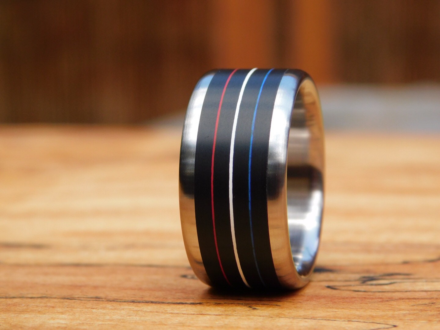 Red, White & Blue Paper Micarta x Titanium Ring